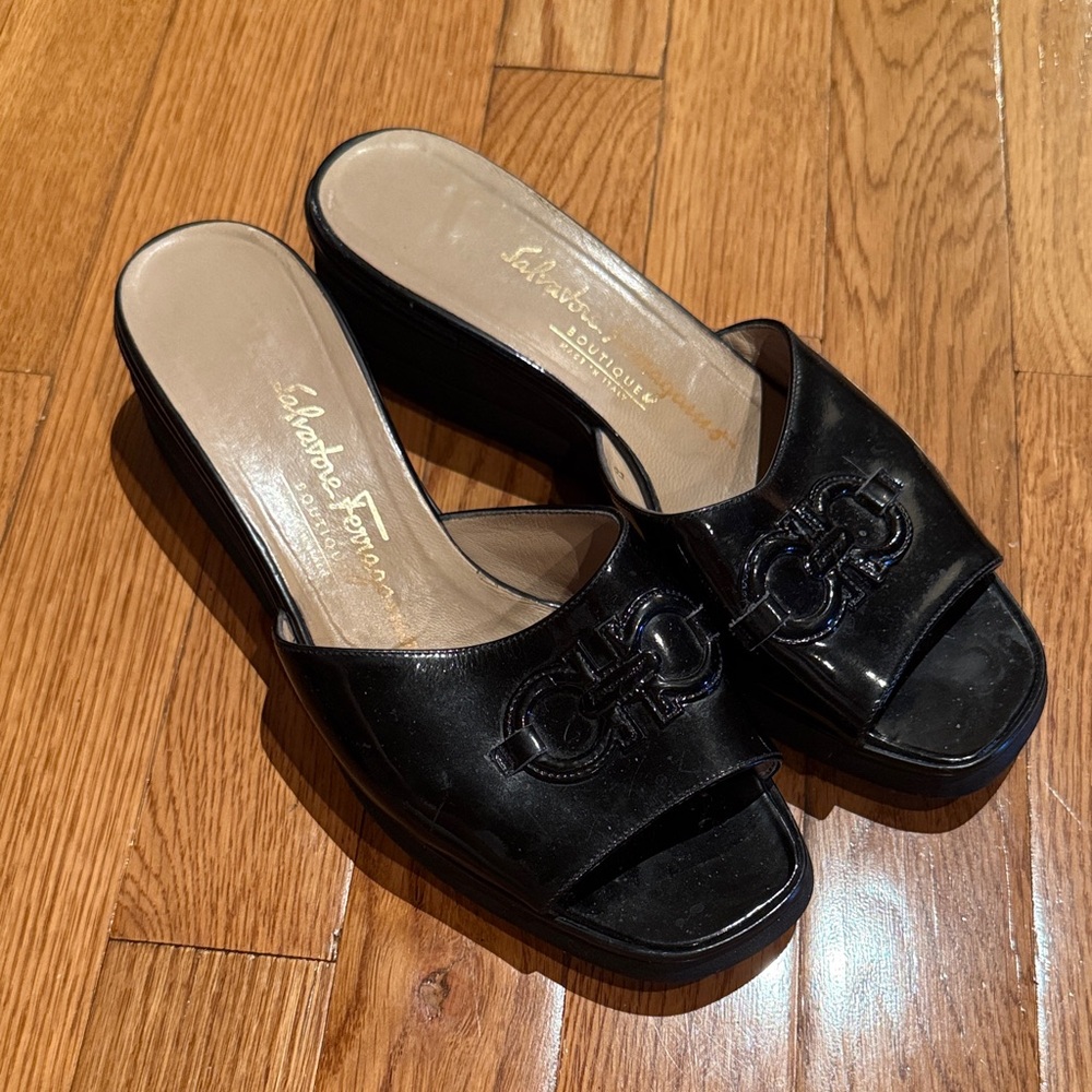 Salvatore Ferragamo Black Patent Leather Mules